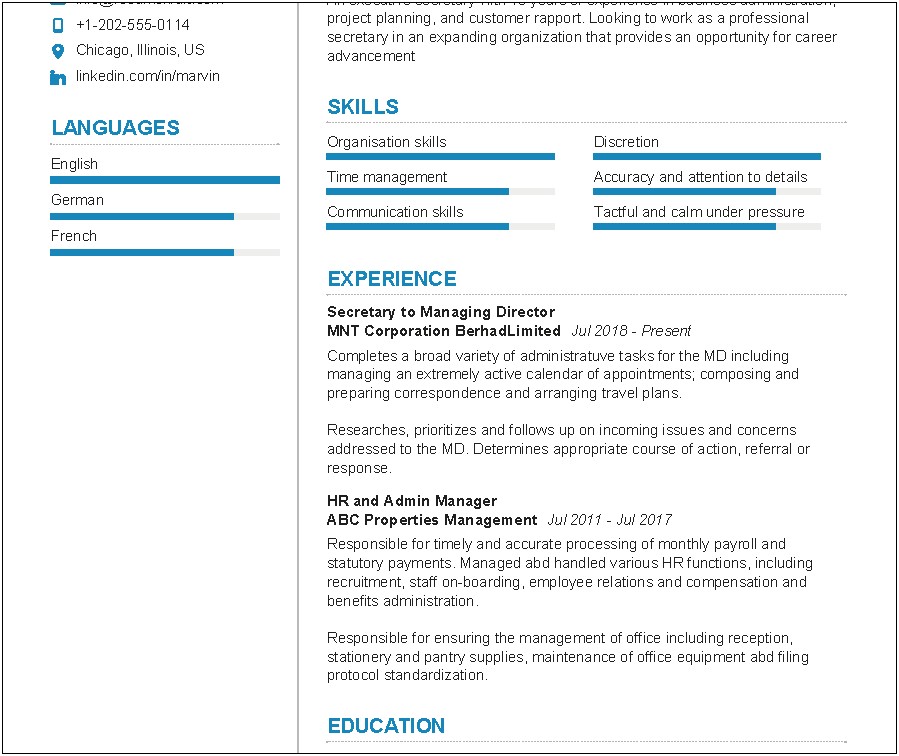 Skills Summary For Department Secretary Resume