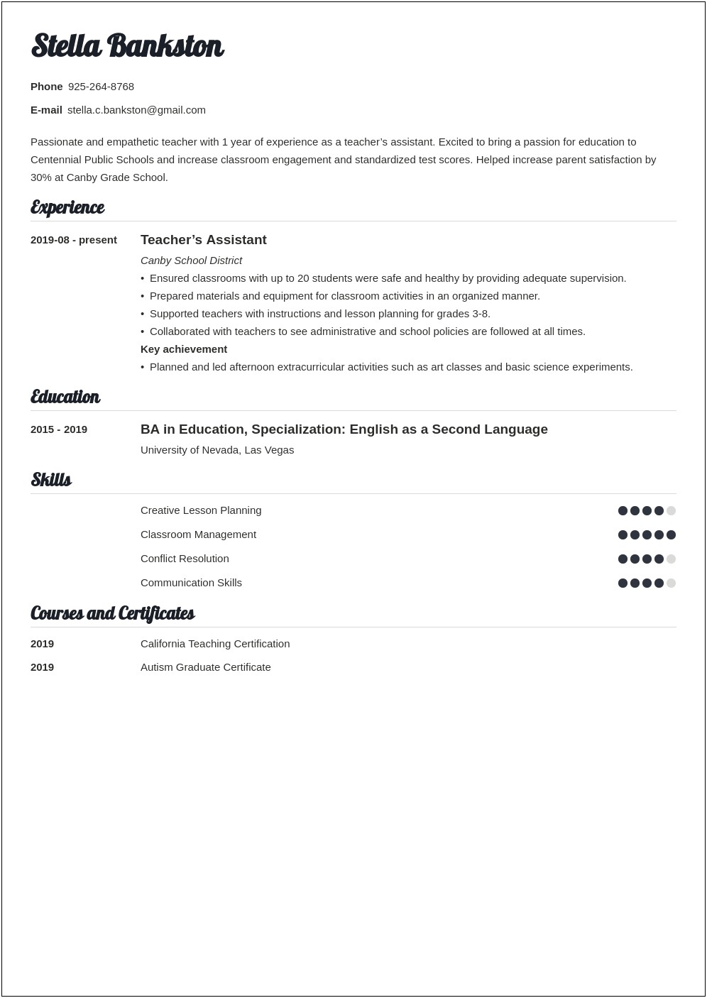 Skills To Include In Teacher Resume