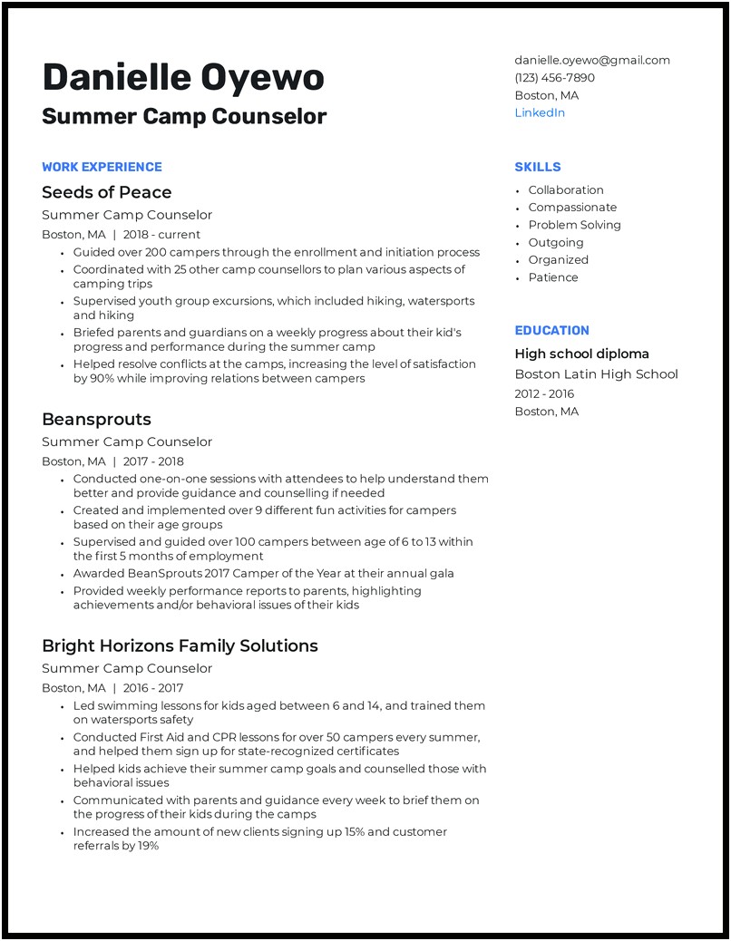 Skills To List On Resume For Camp Guide