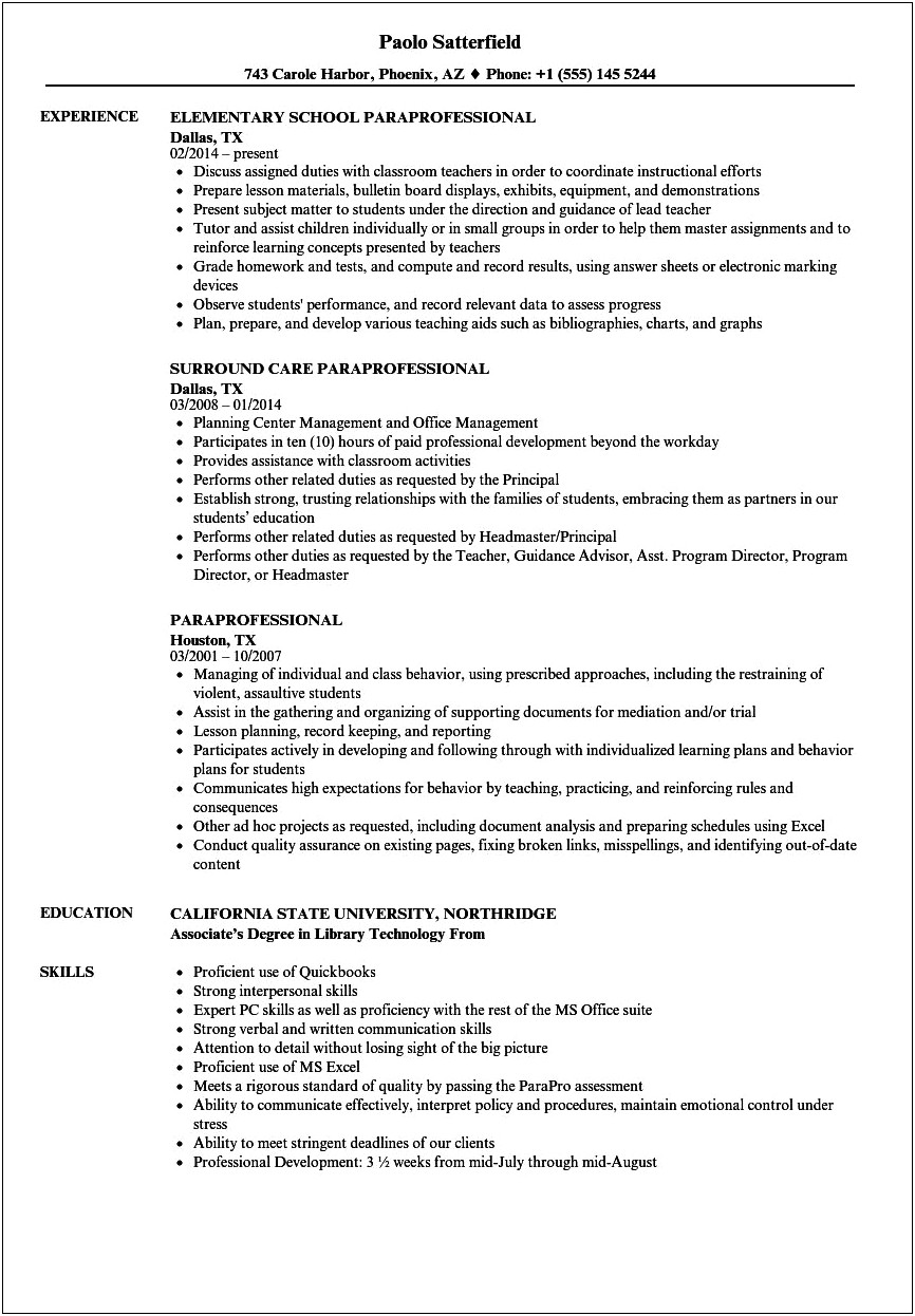 Skills To List On Resume For Paraprofessional