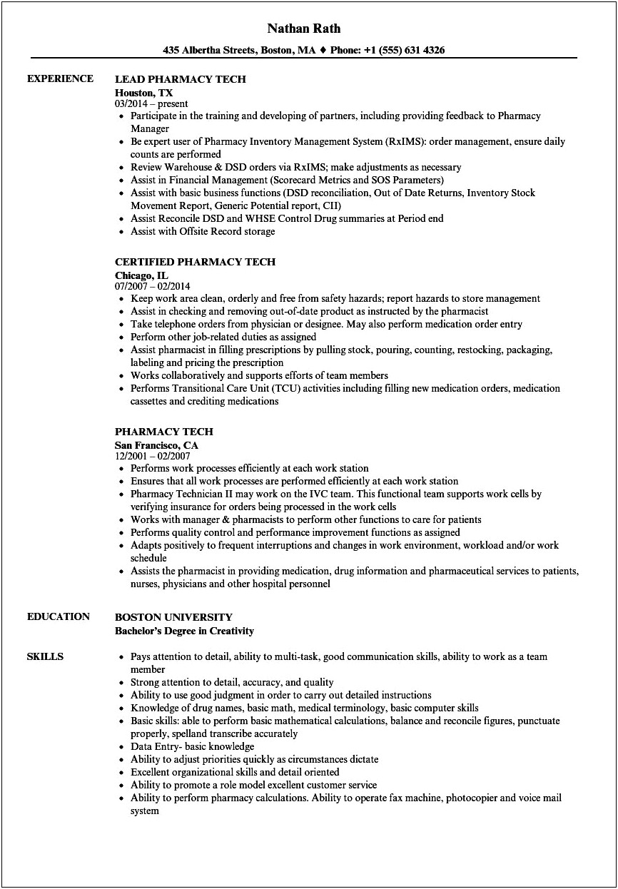 Skills To List On Resume For Pharmacy Technician