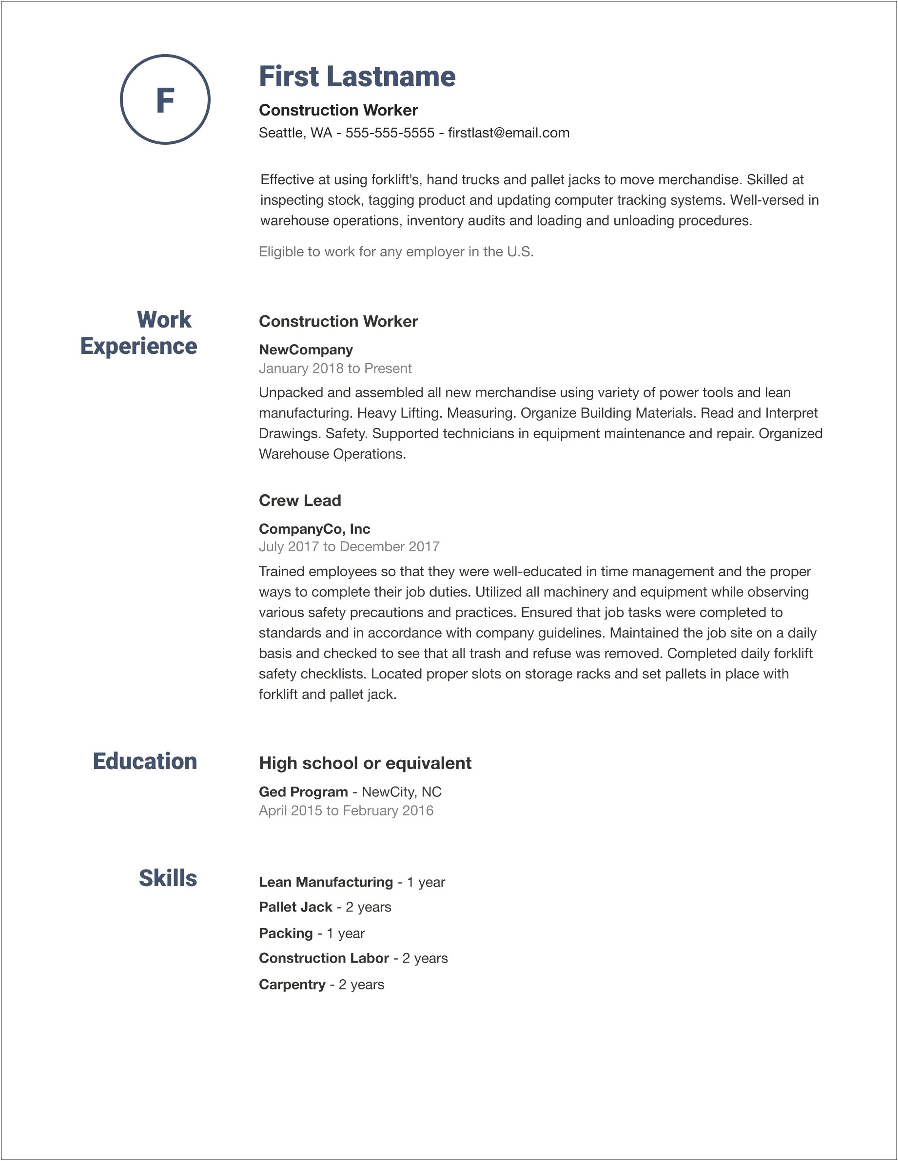 Skills To Put In Resume For Labor