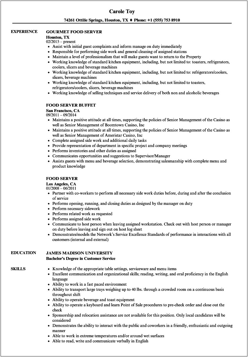 Skills To Put On Resume For Serving Job