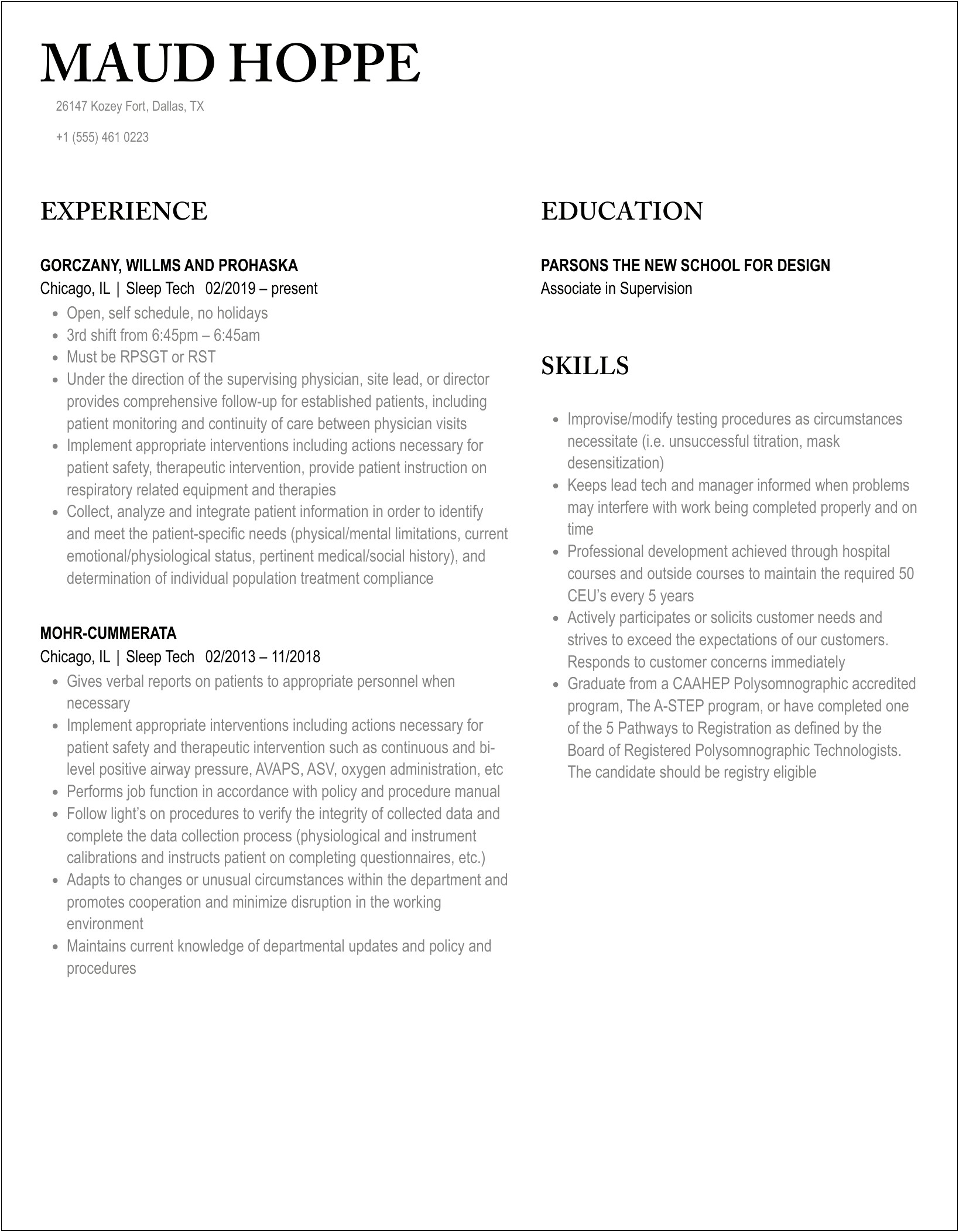 Sleep Tech Job Description For Resume