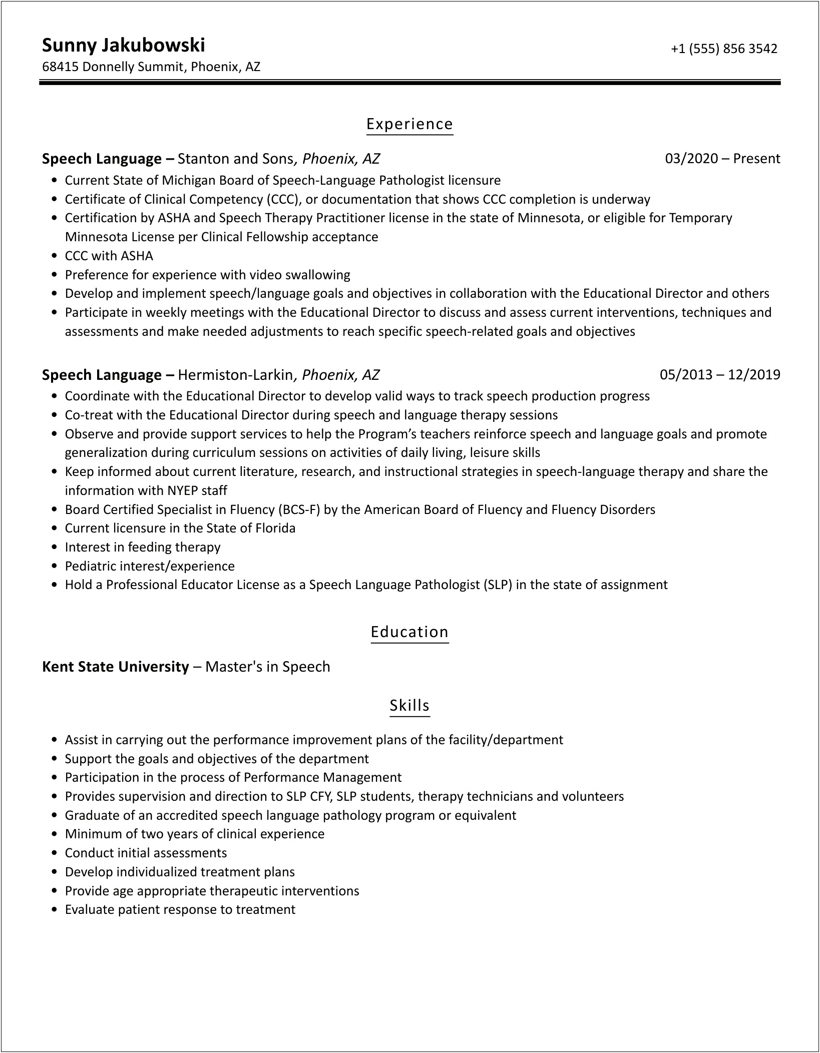 Slp Grad School Resume Student Examples