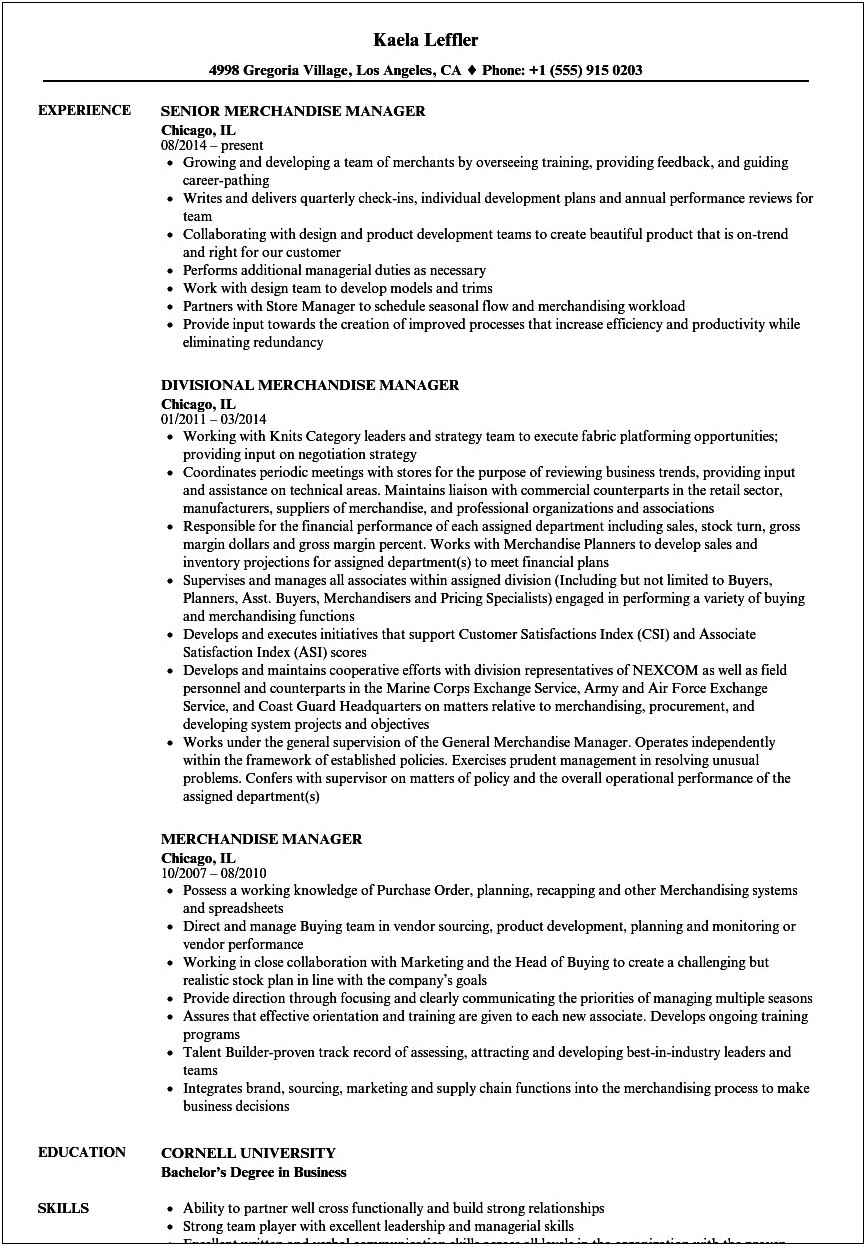 Snack Merchandising Manager Job Description For Resume