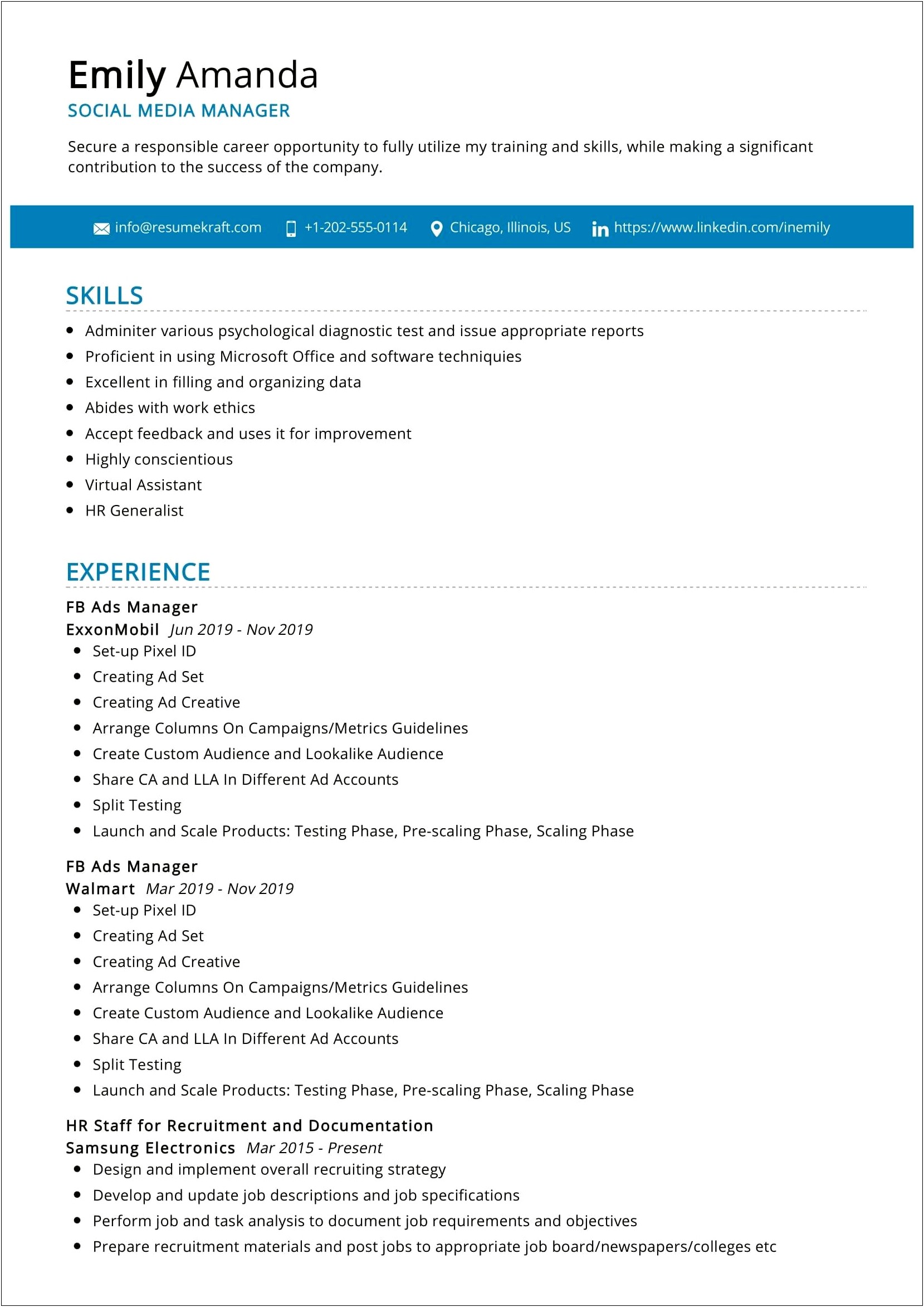 Social Media Intern Description For Resume