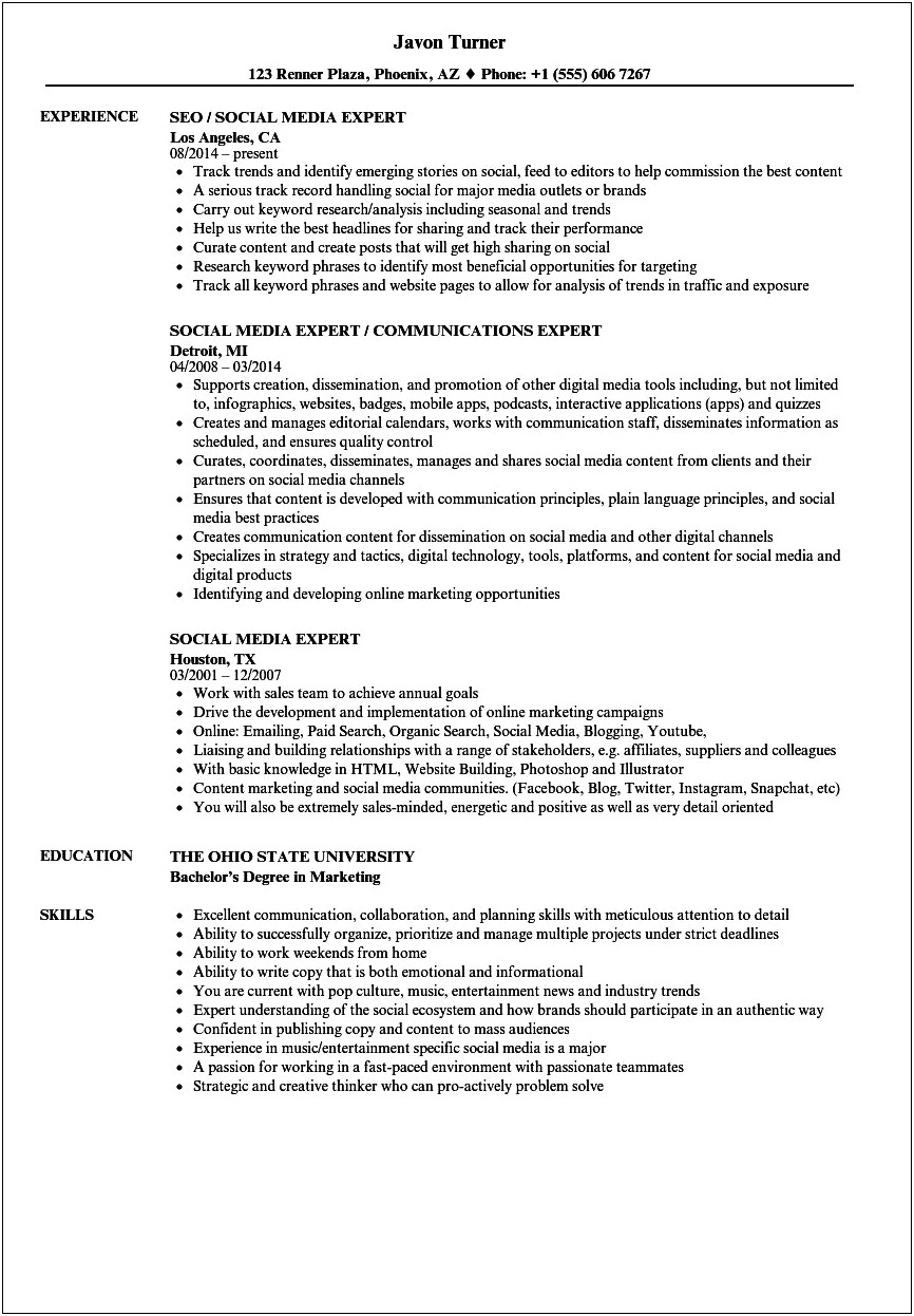 Social Media Job Description For Resume