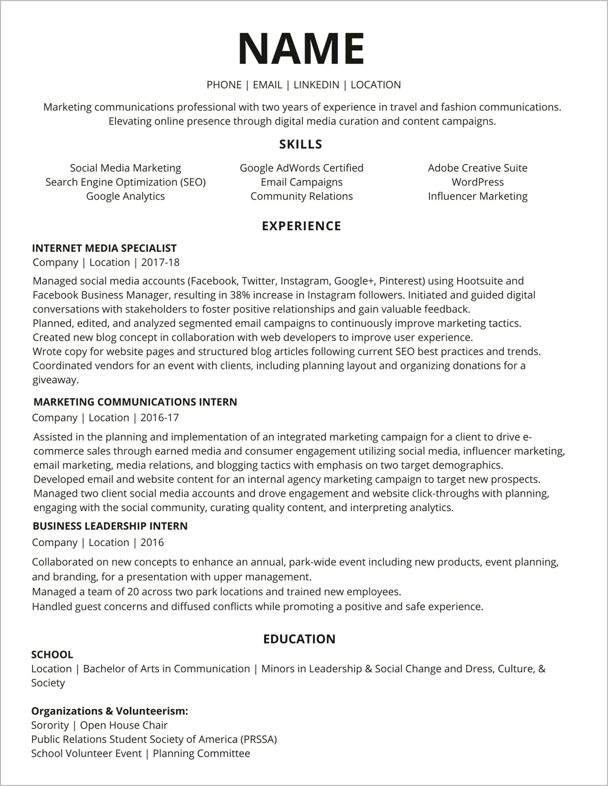 Social Media Marketing Skills For Resume