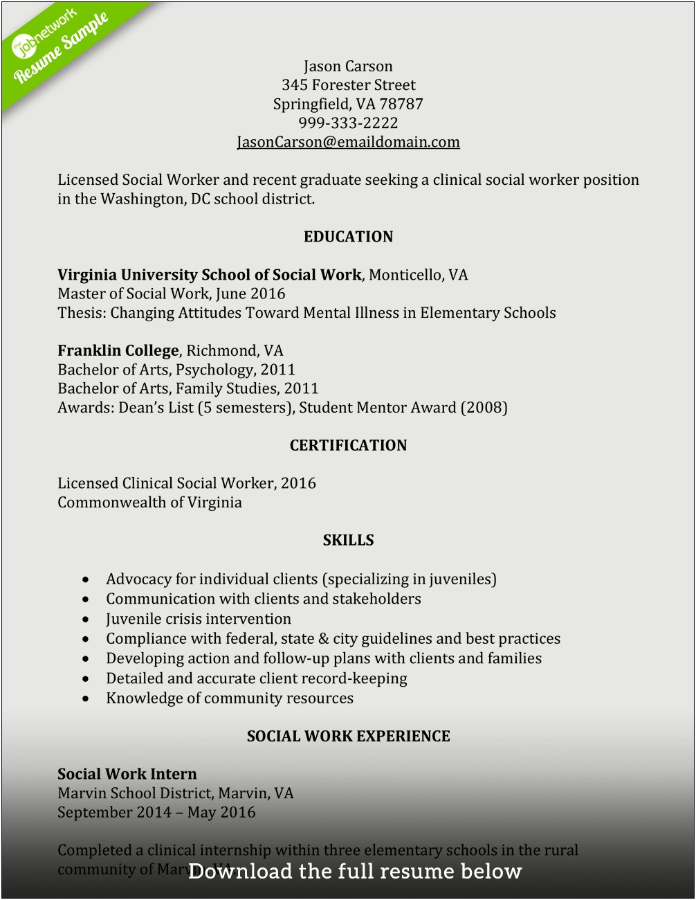 Social Work Student Resume With No Experience