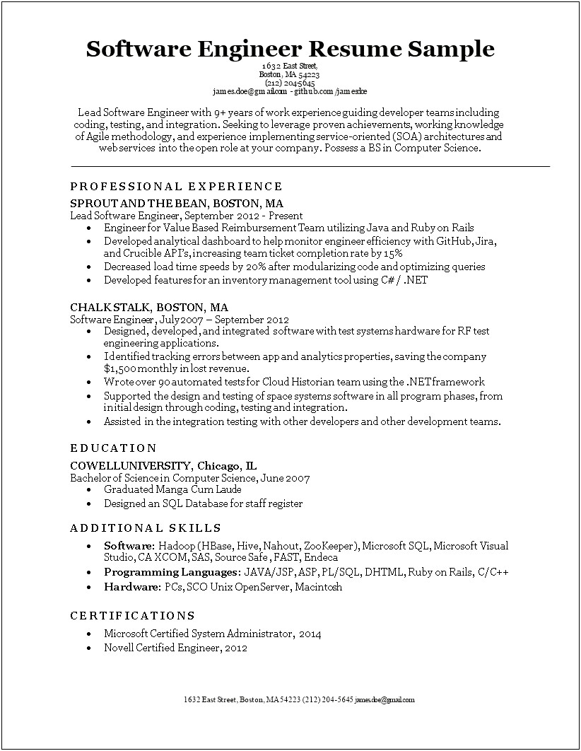 Software Engineer Experience Resume Format Sample