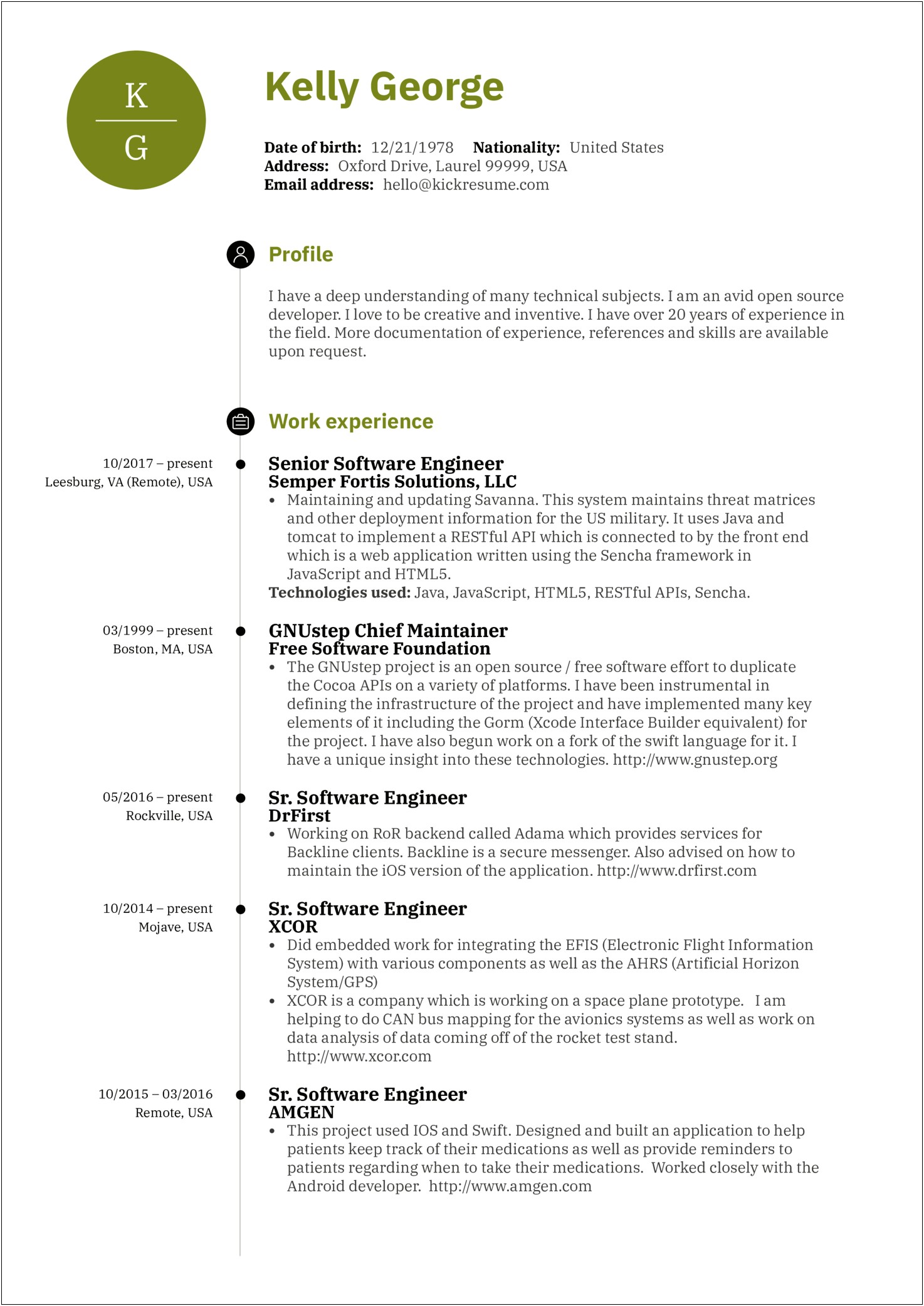 Software Engineer One Page Resume Sample