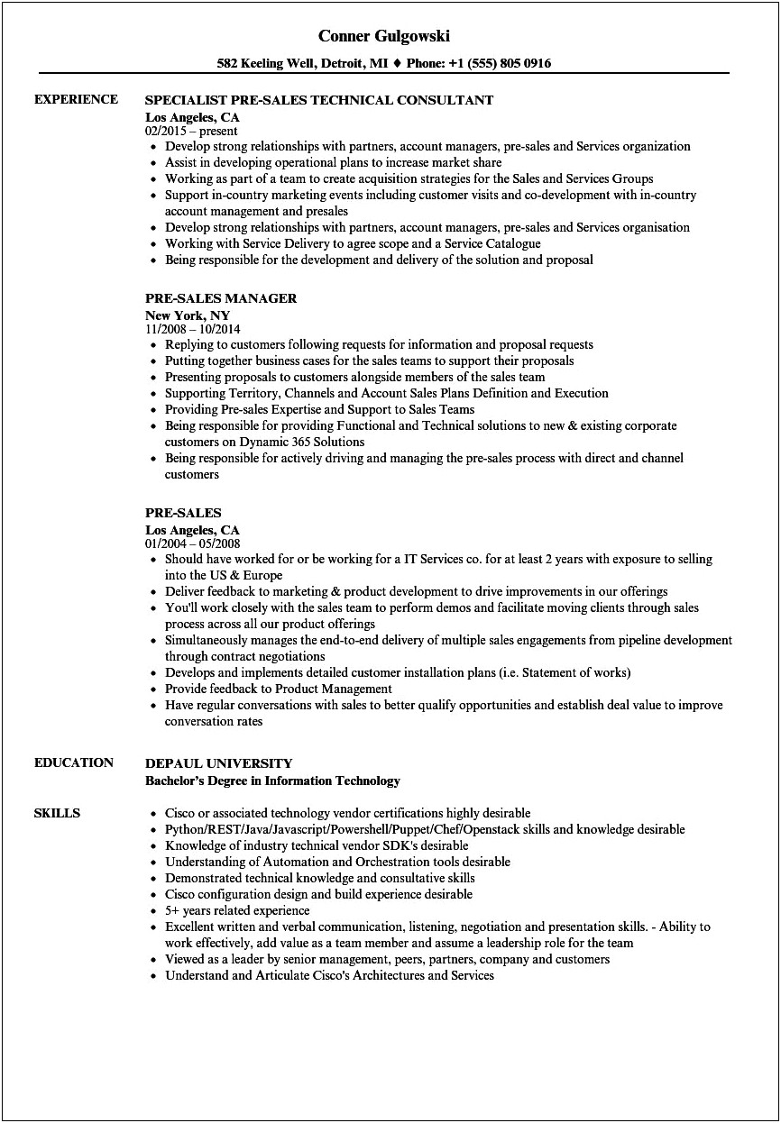 Software Pre Sales Support Resume Sample