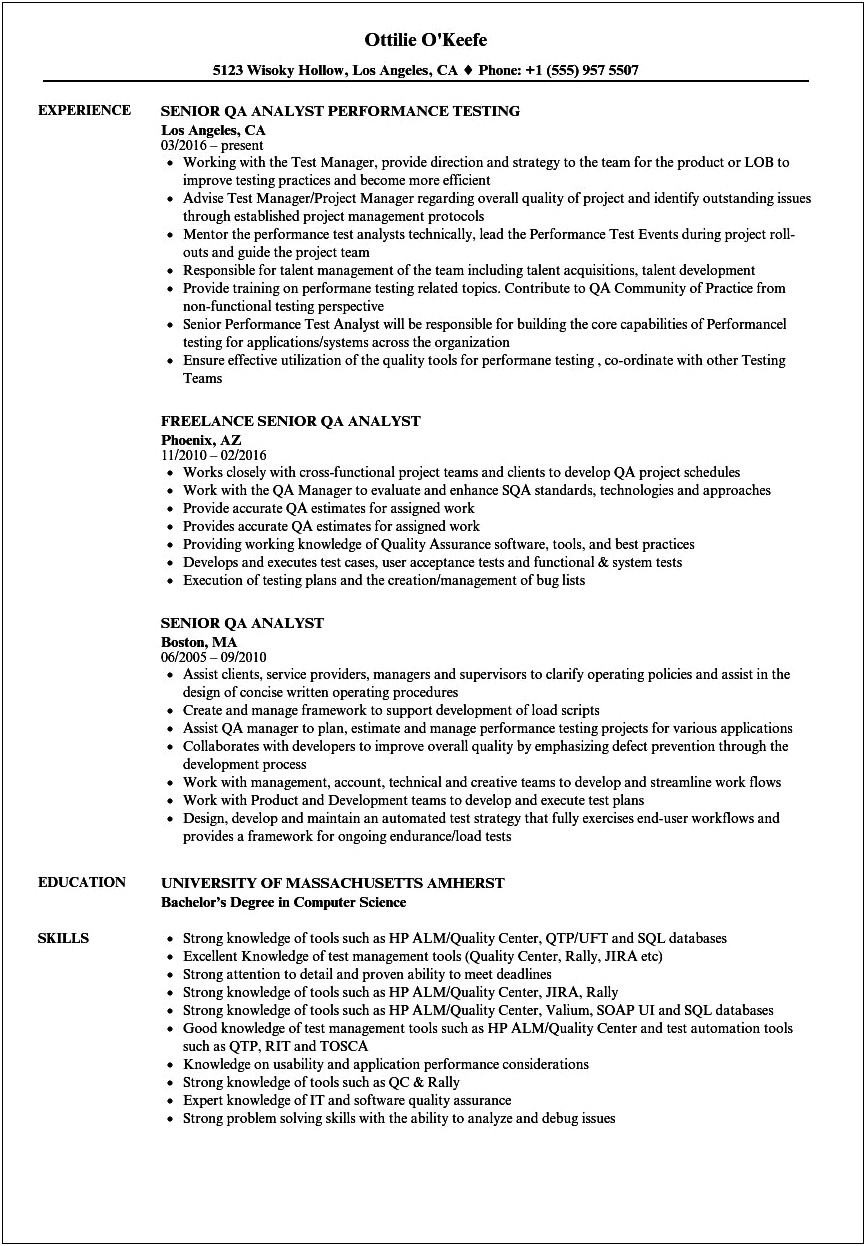 Software Quality Assurance Analyst Resume Example