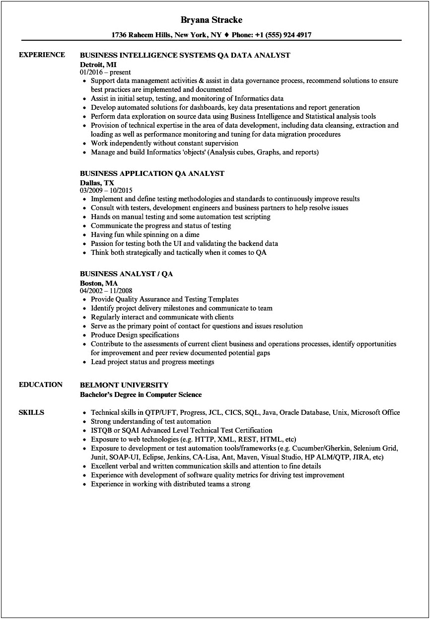 Software Quality Assurance Analyst Resume Sample