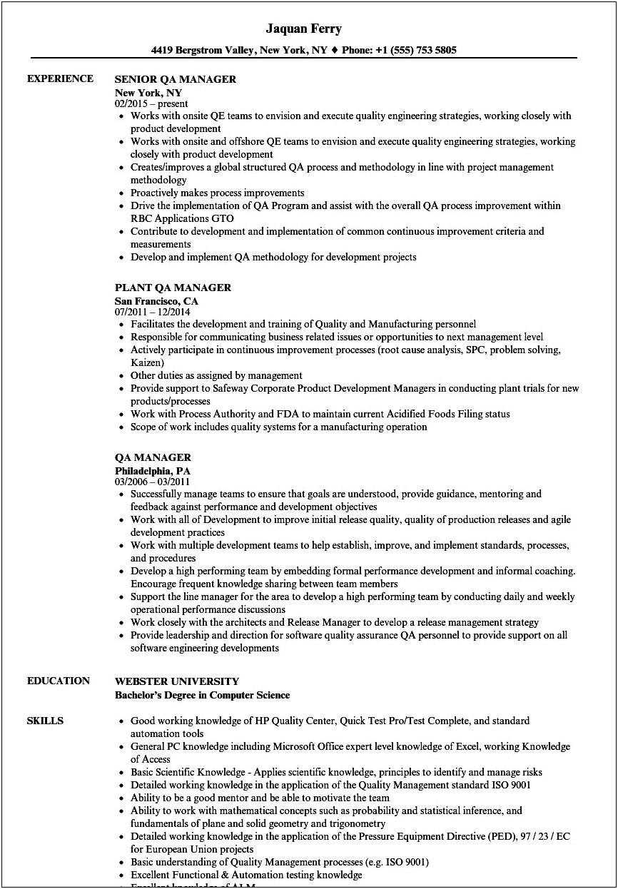 Software Quality Assurance Manager Resume Objective