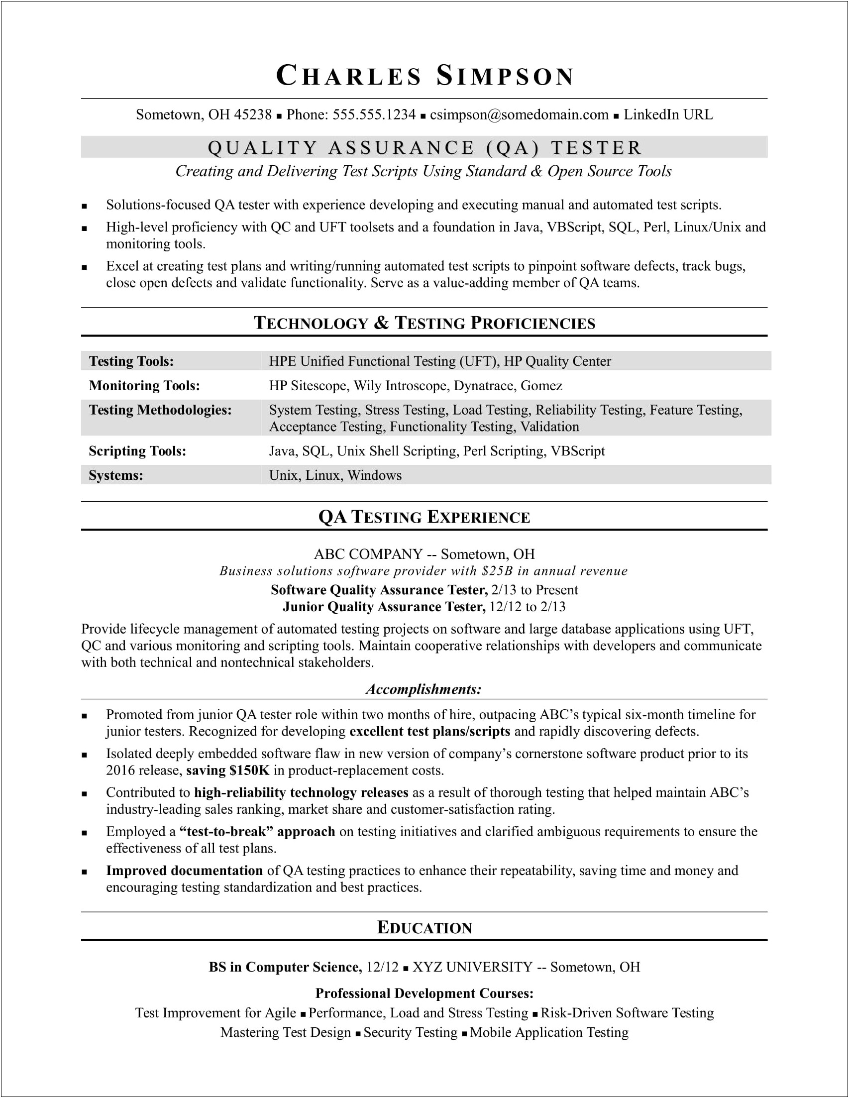 Software Quality Assurance Tester Sample Resume