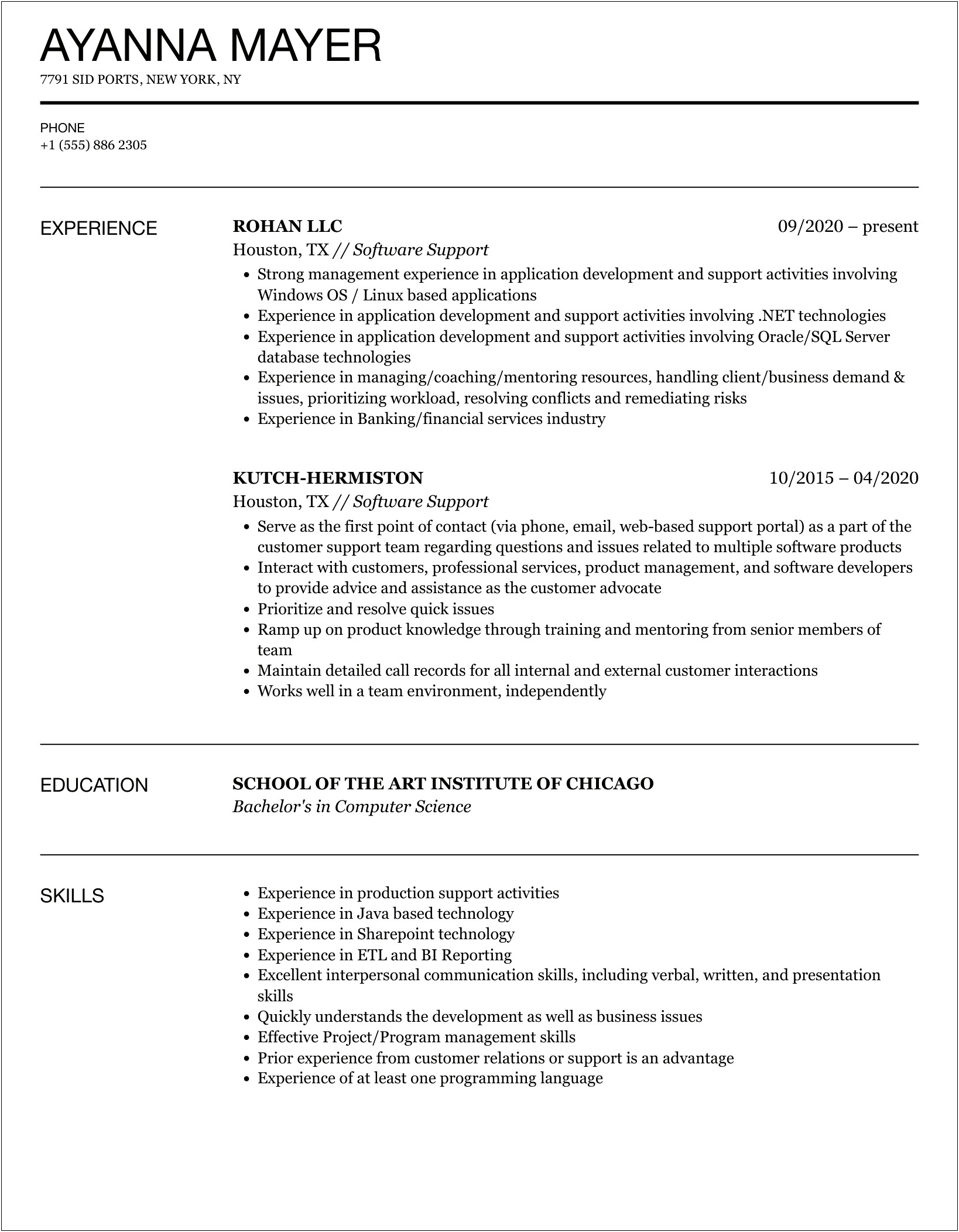 Software Support Job Description For Resume