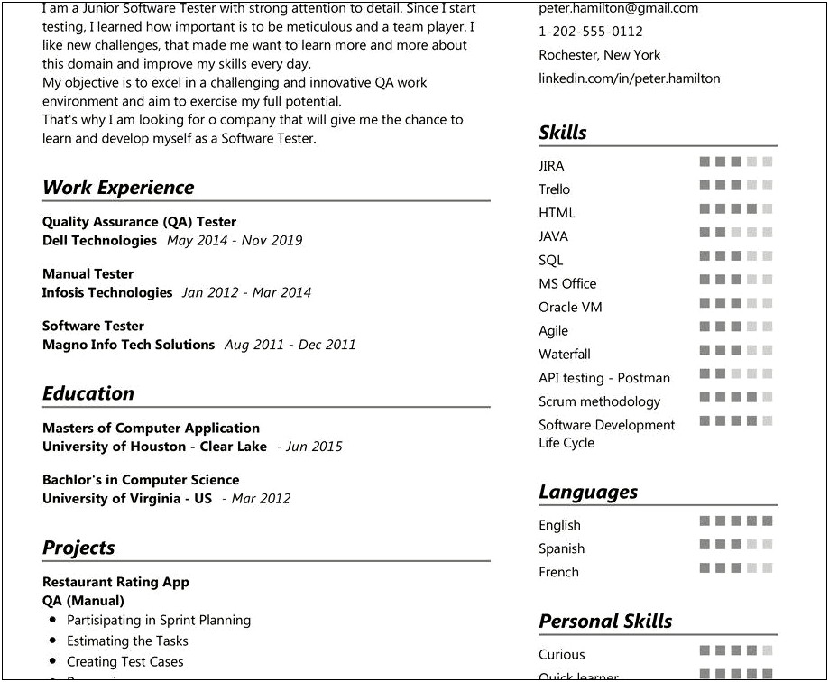 Software Testing Entry Level Sample Resumes
