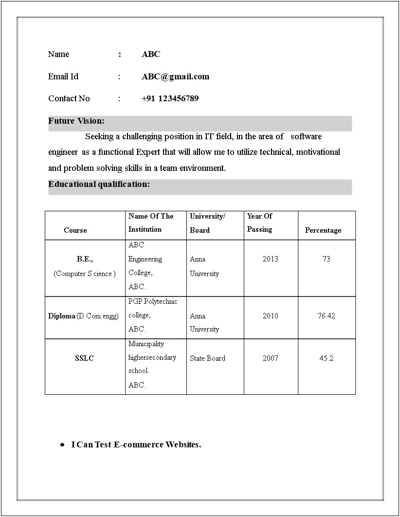 Software Testing Fresher Resume Free Download