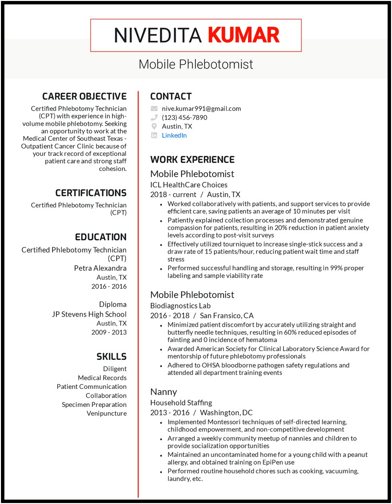 Some Sample Example Of Resume For Phlebotomy Job
