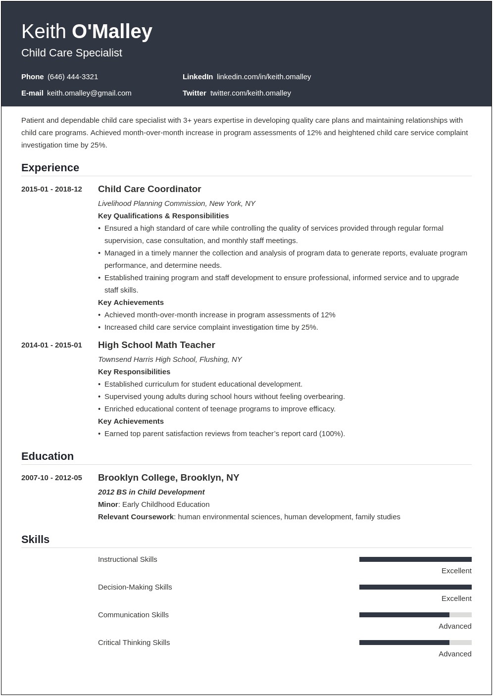 Speacial Skill For Child Care Resume