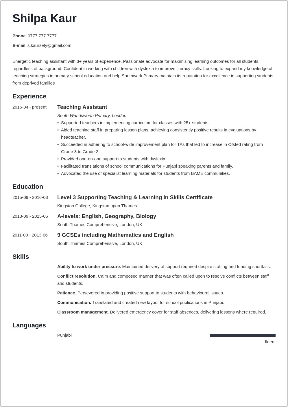 Special Needs Assistant Skills For Resume