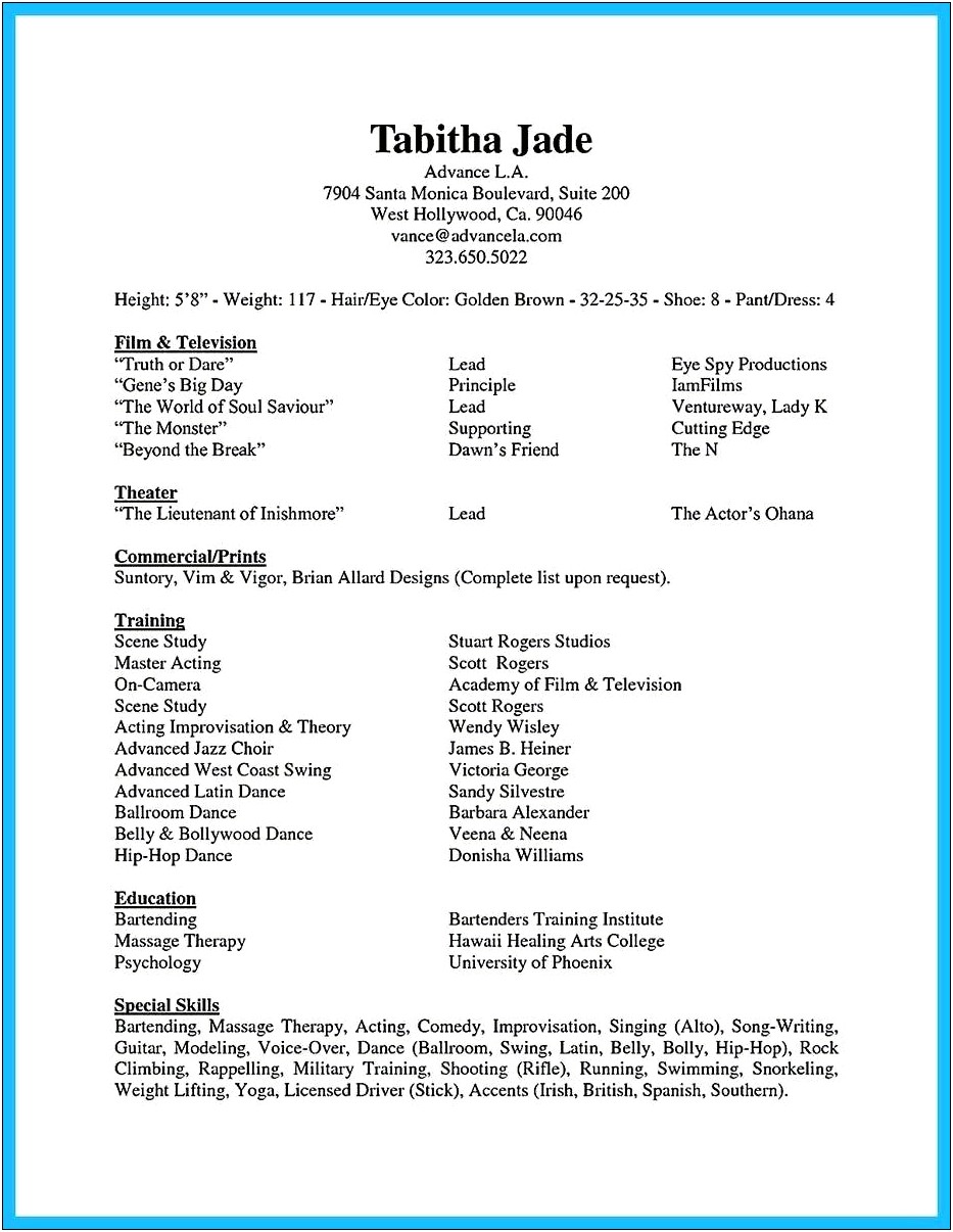 Special Skills And Talents For Acting Resume
