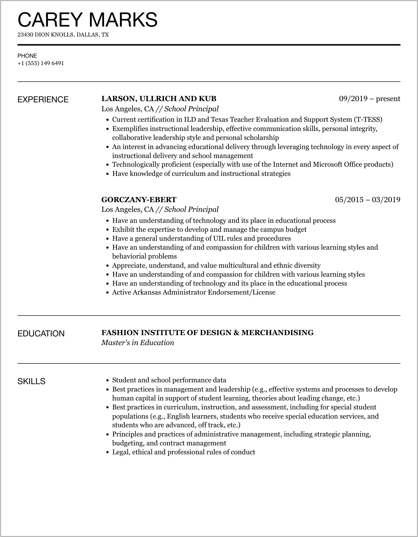 Special Skills For Assistant Principal Resume