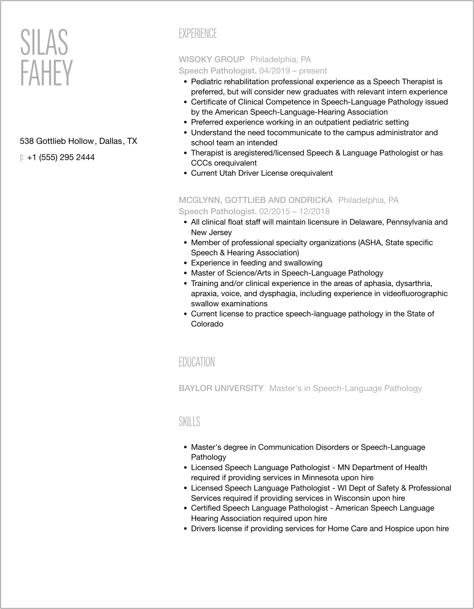 Speech Pathologist Resume With Mbs Experience