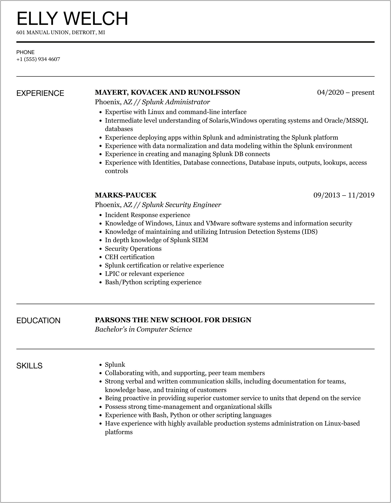 Splunk Admin Resume Sample In Pdf Fomat