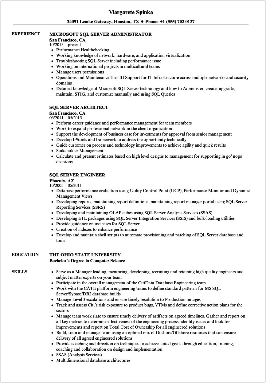 Sql Dba 1 Year Experience Resume