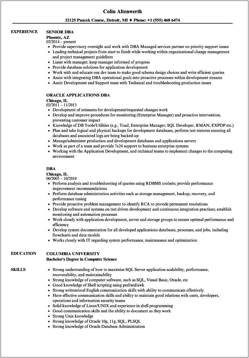 Sql Server Dba 3 Years Experience Resume