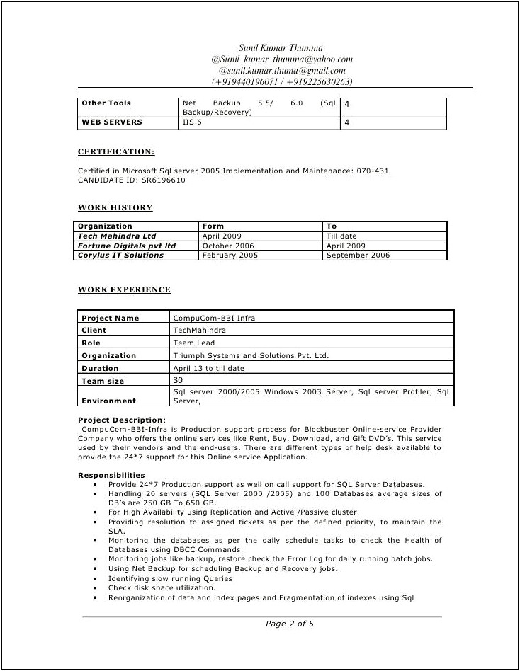 Sql Server Dba Resume For 10 Years Experience