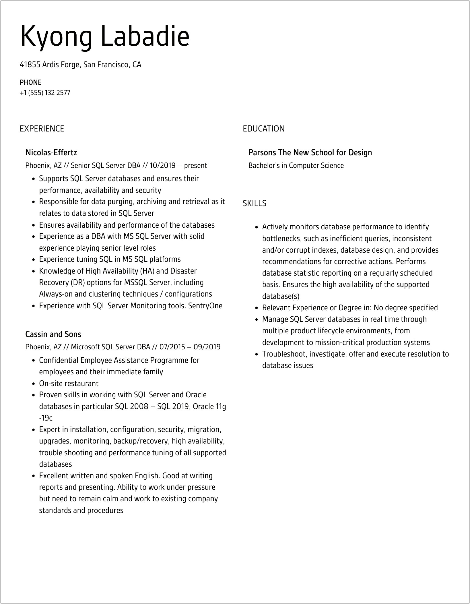 Sql Server Dba Resume With 8 Years Experience