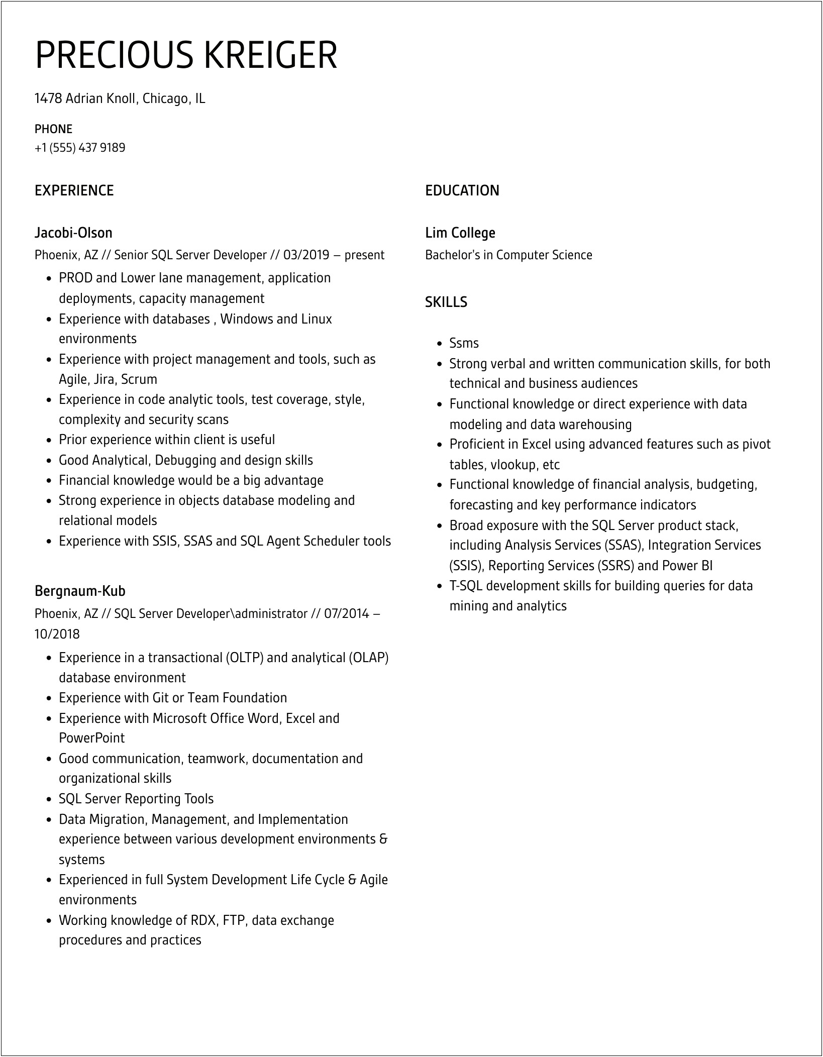 Sql Server Developer 4 Years Experience Resume