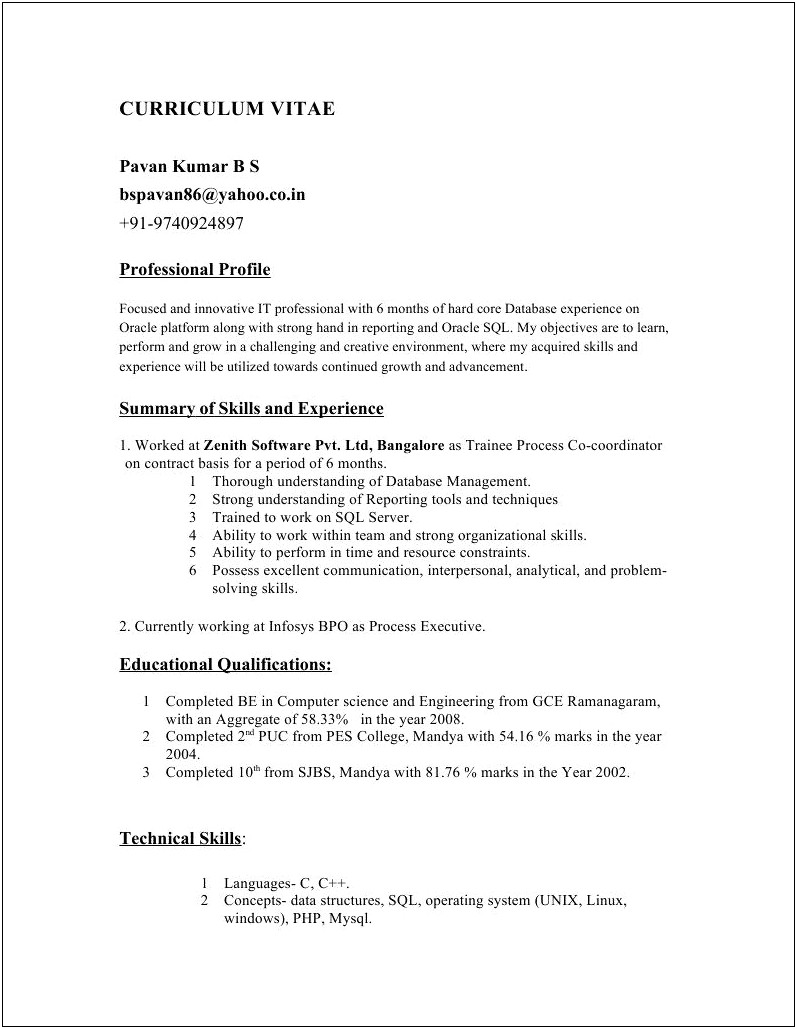 Sql Server Resume For 1 2 Year Experience
