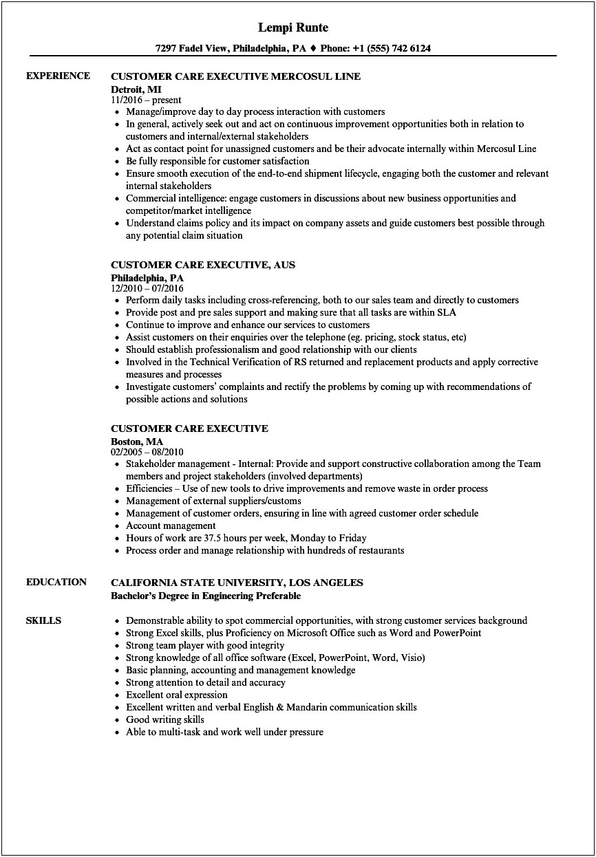 Sr Customer Care Executive Resume Sample