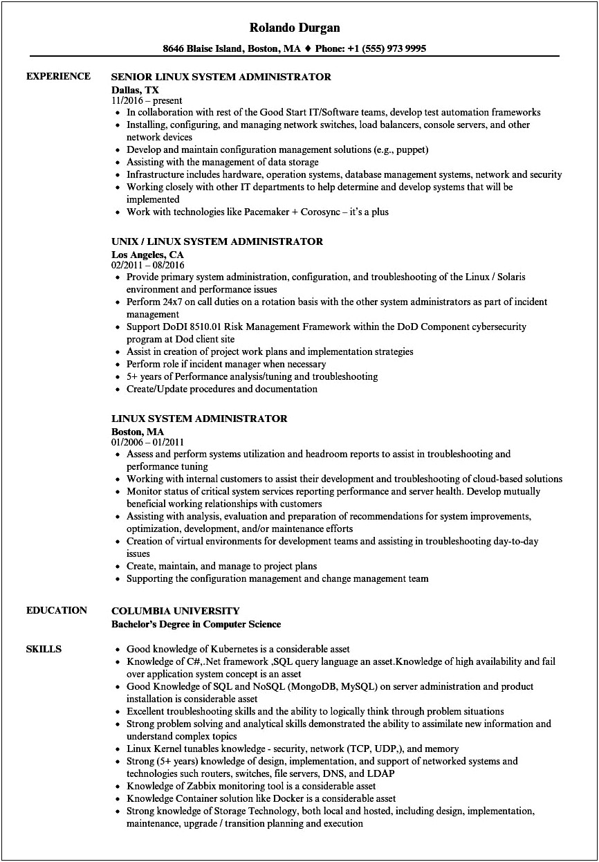 Sr Linux Administrator Rhel Resume Sample