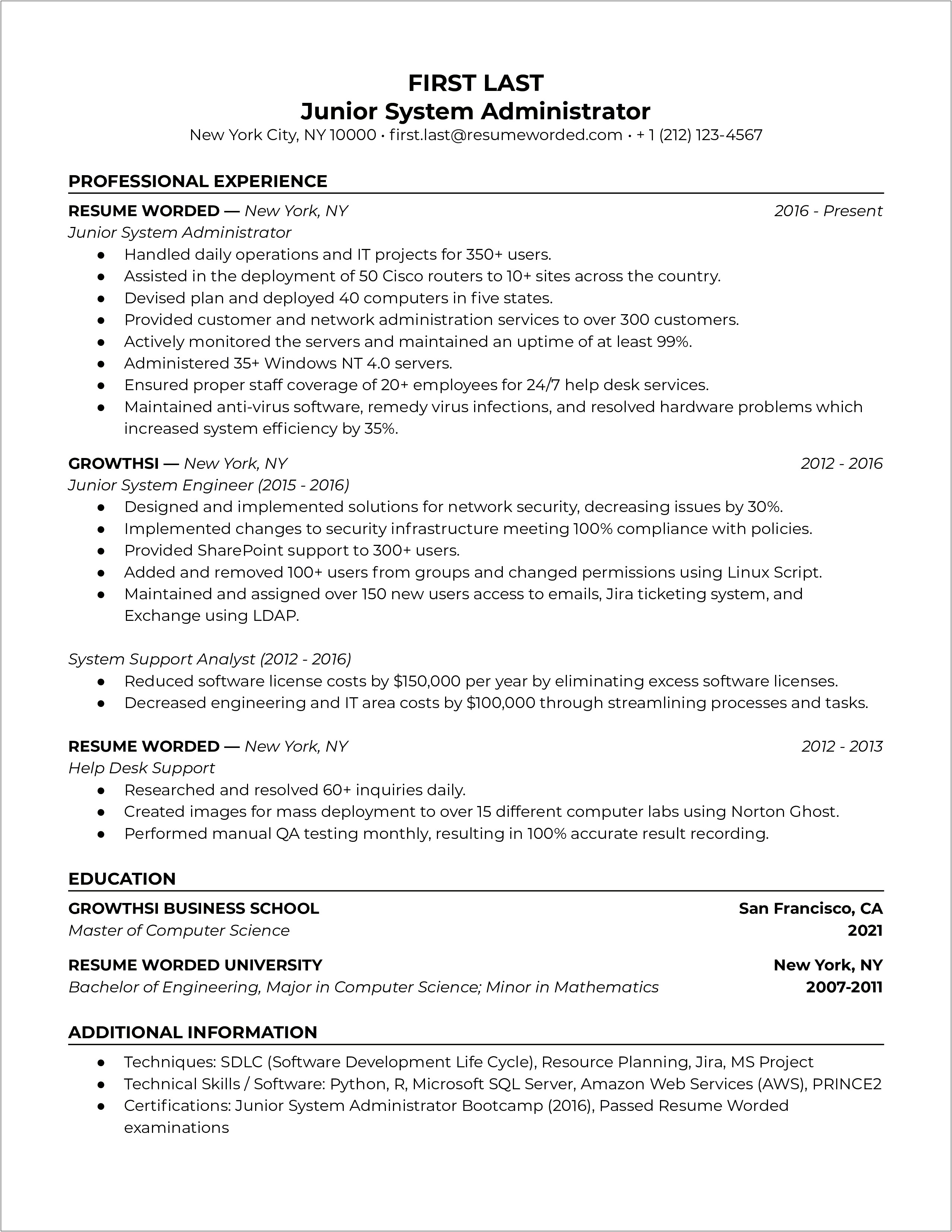 Sr Linux Systems Administrator Sample Resume