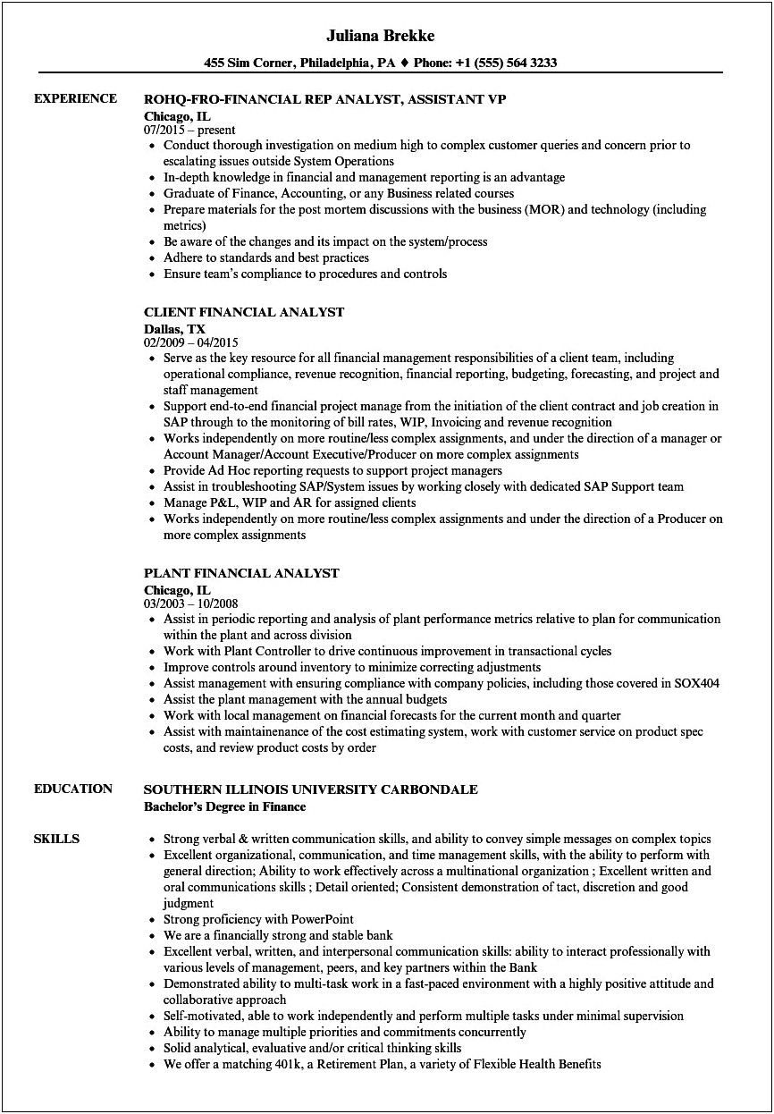 Standard Resume Format For Mba Finance Experience