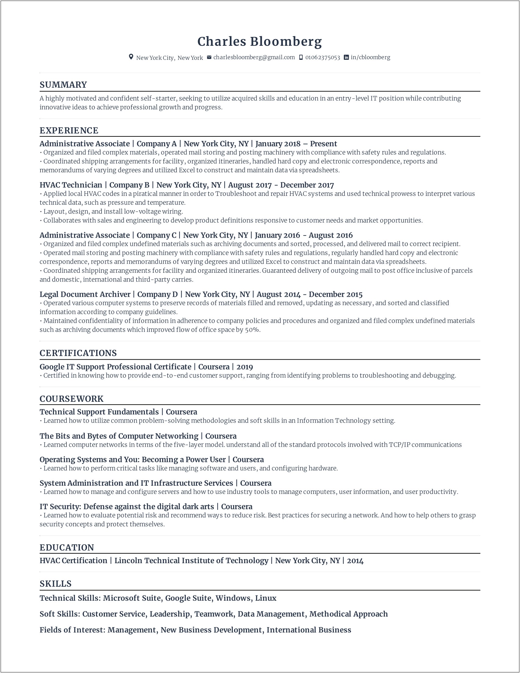 Startup Company Administrative Experience On Resume