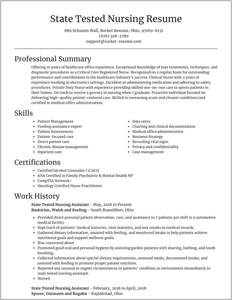 State Tested Nursing Assistant Resume Template