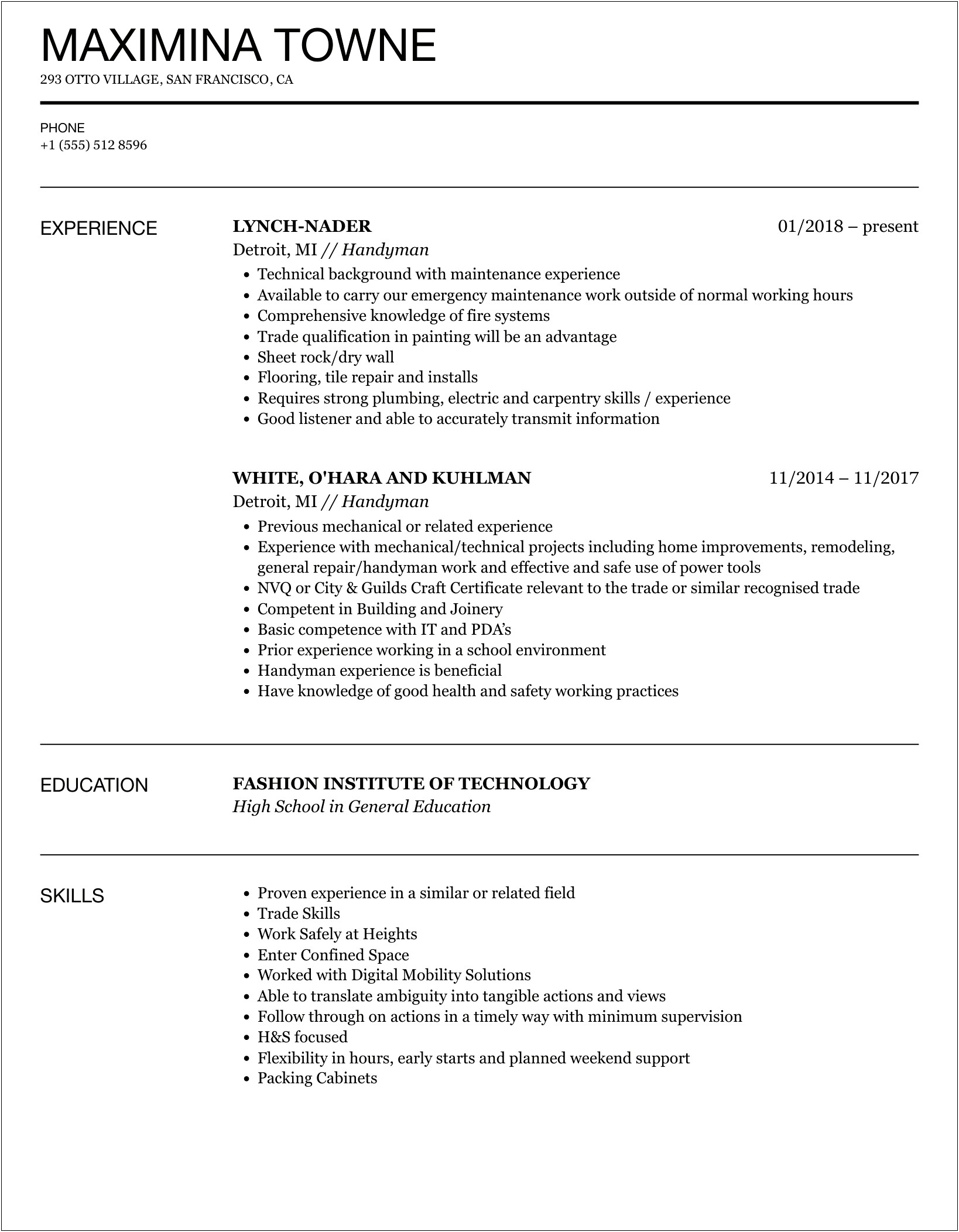 Stating Mandyman Work In The Resume