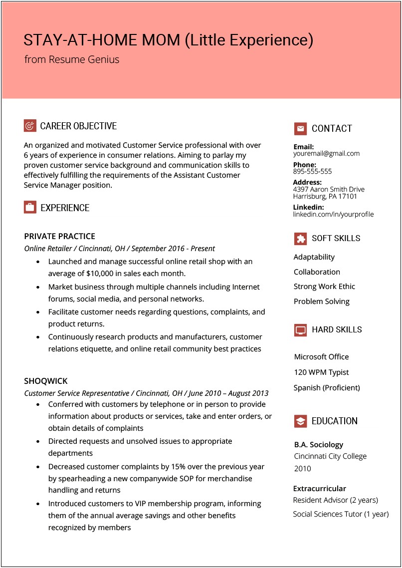 Stay At Home Mom Resume Example Sample