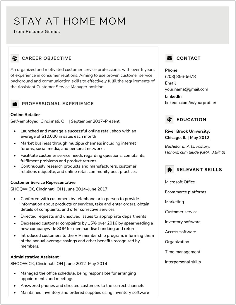 Stay At Home Mom Skills For Resume Sample