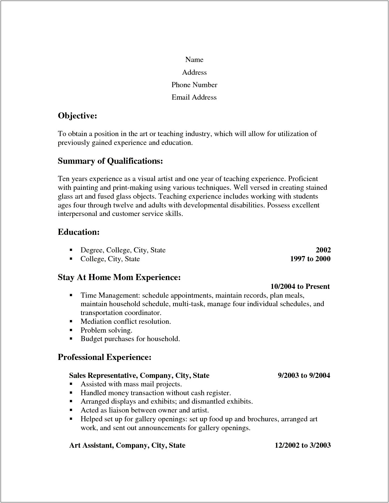 Stay At Home Mother Resume Examples