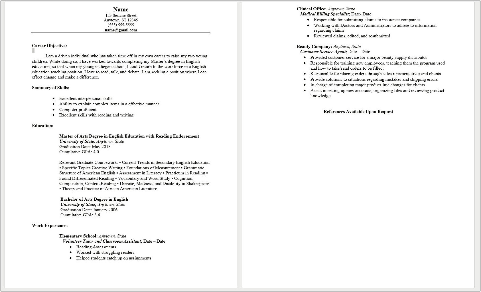 Stay At Home Parent Resume Example