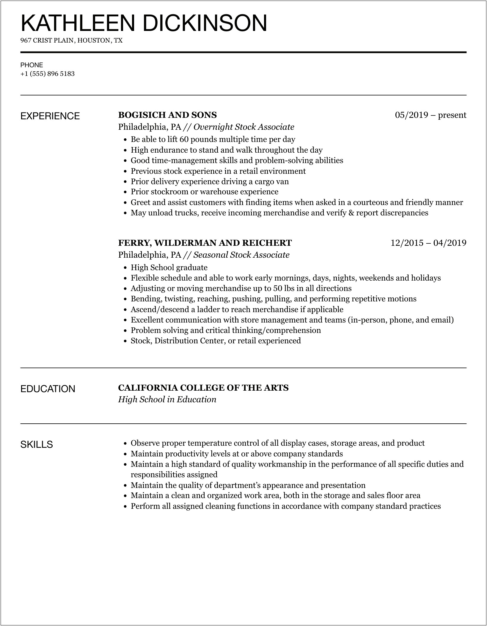 Stocking Associate Job Description For Resume