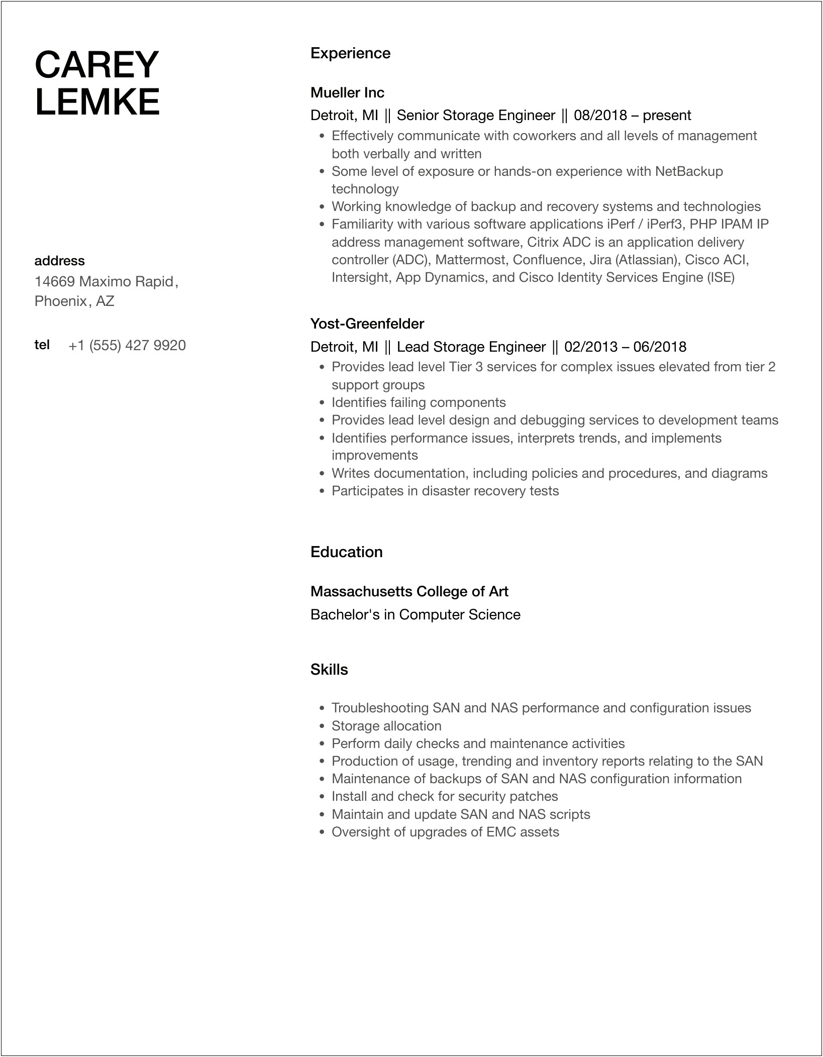 Storage Engineer With Nas Sample Resume